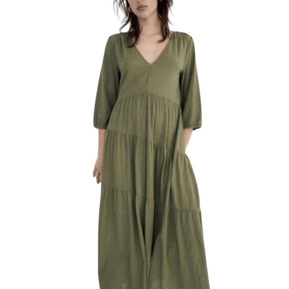 Zara M Womens Tiered Textured Midi Dress Olive Green V Neck Breathable Comfort - Picture 1 of 10